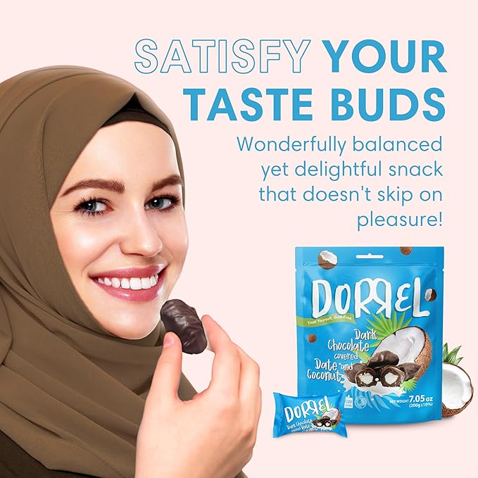 DORREL - Belgian Dark Chocolate Covered Dates (Medjool) with Coconut Stuffing, High Energy Vegan Choco Snack, Delicious, Kosher & Non-GMO, Pack of 3 Stuffed Chocolate Dates, 7.05 oz / 200 g Ea