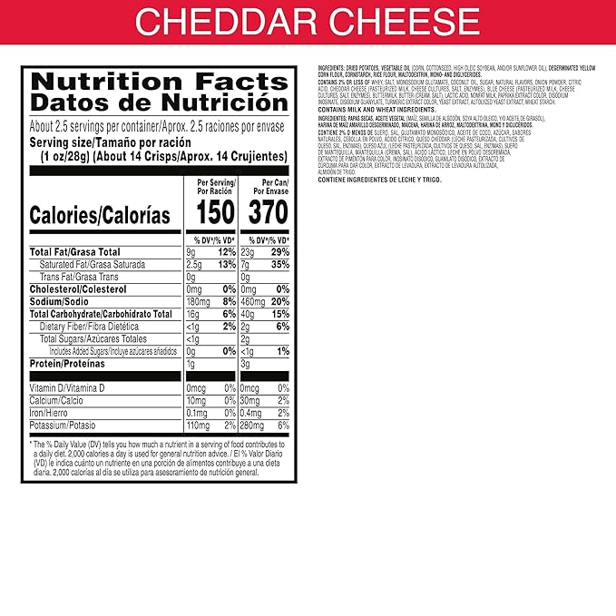 Pringles Potato Crisps Chips, Lunch Snacks, Office and Kids Snacks, Grab N' Go, Cheddar Cheese (12 Cans)