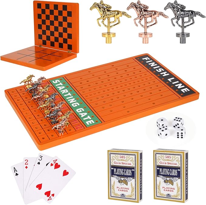 3-in-1 Horse Race Board Game &Checkers & Tic-Tac-Toe ๏ผ3 in1 Wooden Board Game Set for Kids & Adults Travel Family Foldable Horse Racing Board Game with 11 Metal Horses Interactive Strategy Game