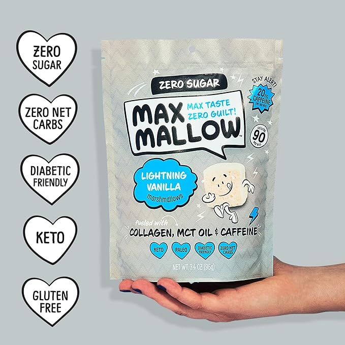 Max Mallow Sugar Free Marshmallows - Keto Friendly, Perfect for S'mores, Hot Chocolate, and Baking with Zero Sugar Snacks, Smores Mct Oil Zero Sugar Marshmellow Marshmallow Lightning Vanilla, 6 Pack