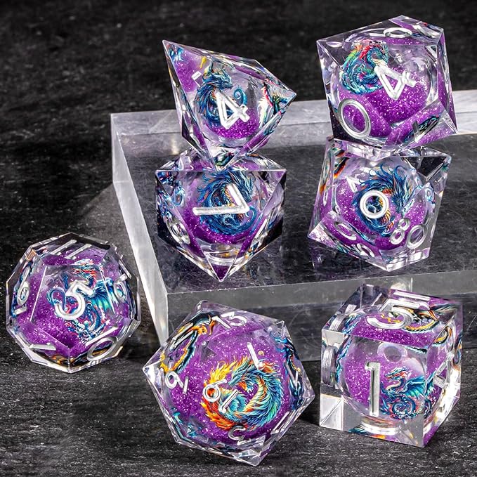OUKELANWO Liquid Core Dragons Stickers DND Dice Set D&D, 7Pcs Dungeons D and D Role Playing Dice with Gift Box, Resin Sharp Edge Dice D20 D12 D10 D8 D6 D4, Purple White