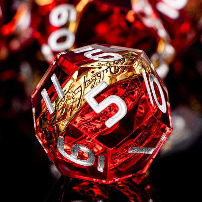 Magic Golden Ring DND Dice Set Sharp Edge Red Resin Dice with Box, for Use with D&D RPG Role Playing Games, Lord D and D Polyhedral Dice Set