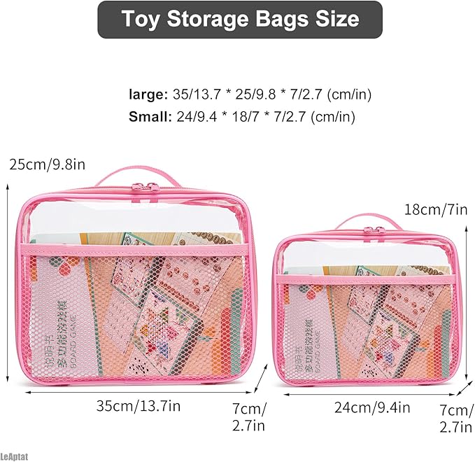 4 Pack Clear PVC Zippered Toy Storage Bags for Toy, Kids Toy, Building Blocks, Puzzle, Clay, Board Game Storage Organizer Travel Waterproof Toy Bag With Name Tag Pocket (Pink, L & S)
