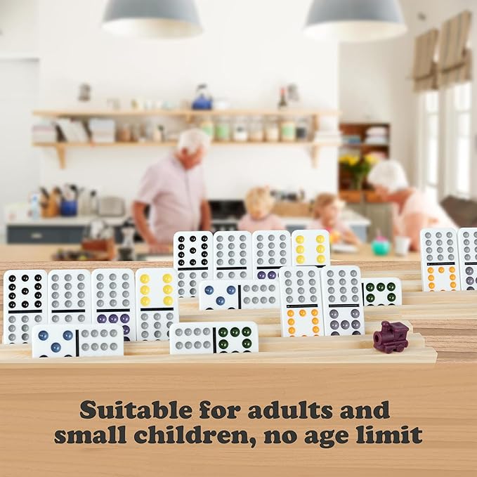 Smilejoy Mexican Train Dominoes Set with Colorful Dot- Double 12 Dominos Set for Adults-Classical Board Game for Elderly, 4 Wooden Rack,91 Tiles, 9 Plastic Trains, Octagon Hub (2-8 Player)
