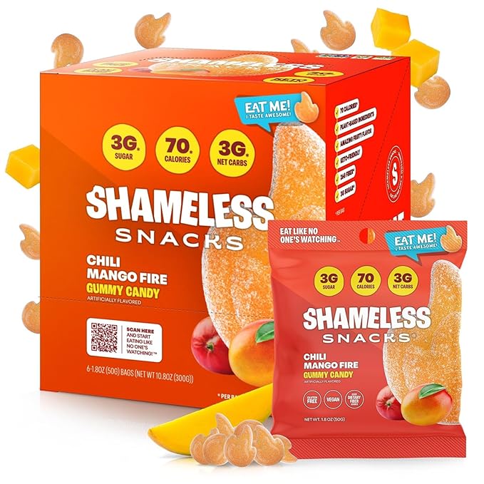 Shameless Snacks - Healthy Low Calorie Snacks, Low Carb Keto Gummies (Gluten Free Candy) - 6 Pack Chili Mango Fire