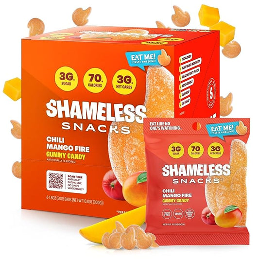 Shameless Snacks - Healthy Low Calorie Snacks, Low Carb Keto Gummies (Gluten Free Candy) - 6 Pack Chili Mango Fire