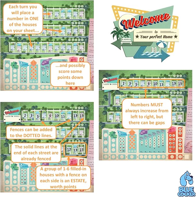 Welcome to... Your Perfect Home Board Game | City Building Strategy Game | Narrative Adventure Game for Adults and Kids | Ages 10+ | 1-6 Players | Avg. Playtime 25 Minutes | Made by Blue Cocker Games