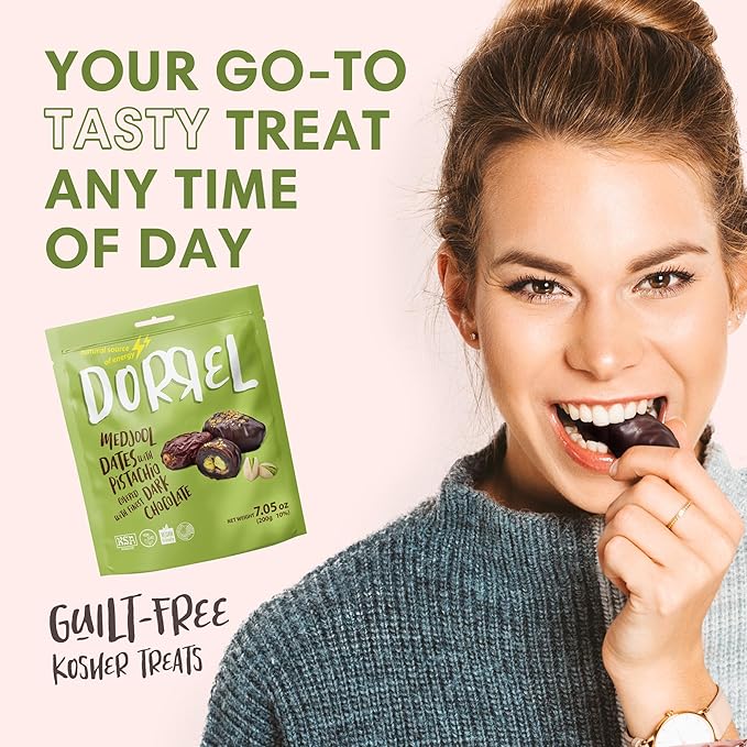 DORREL - Belgian Dark Chocolate Covered Dates (Medjool) with Pistachio Stuffing, High Energy Vegan Choco Snack, Delicious, Kosher & Non-GMO, Pack of 3 Stuffed Chocolate Dates, 7.05 oz / 200 g Ea