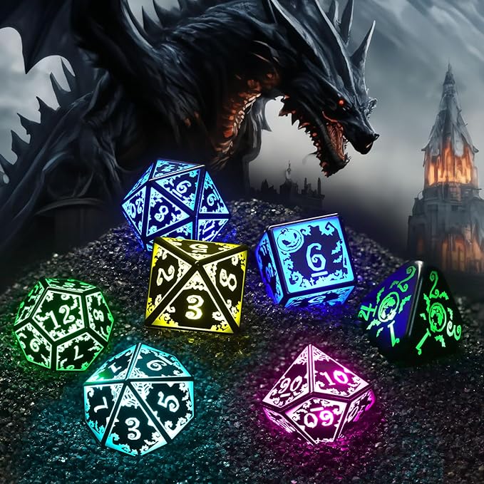 Light Up DND Dice Set Rechargeable with Charging Case for Dungeons and Dragons LED Dice Set D and D 7 Color Polyhedral Role Playing RPG Dice for Tabletop DND Gifts (Pumpkin RGB)