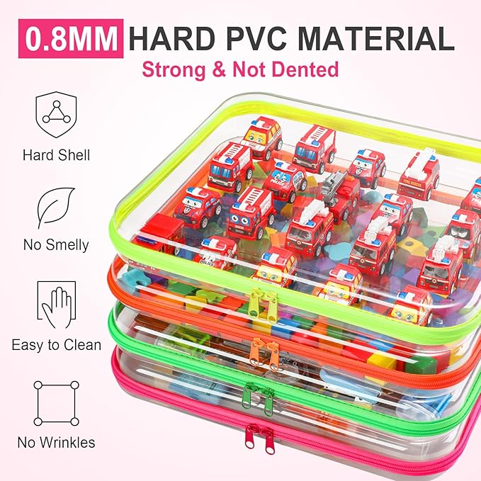 Hoolerry 4 Pcs Hard Clear Zipper Case Transparent Cases for Snacks Makeup Bag Plastic Storage Box Containers for Building Blocks, Puzzles, Cosmetics(Fluorescent,13.8 x 11.8 x 2 in)