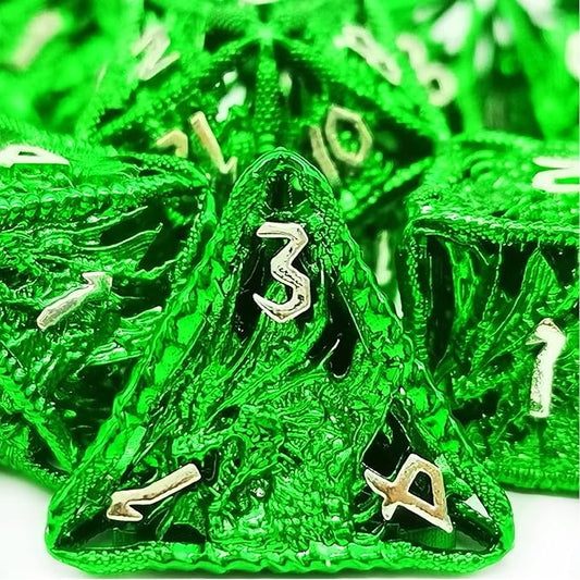 HAOMEJA Hollow Dragon Dice DND Metal Dice Set 7 Role Playing Dice D&D Dungeons and Dragons Dice (Green)