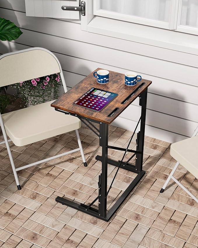 21''Wx28''H Folding TV Tray for Eating, Small Foldable C-Shaped Tray Table with Tablet and Phone Slots, Slide Under Couch Side Table for Recliner, Living Room, Bedroom, Rustic Brown