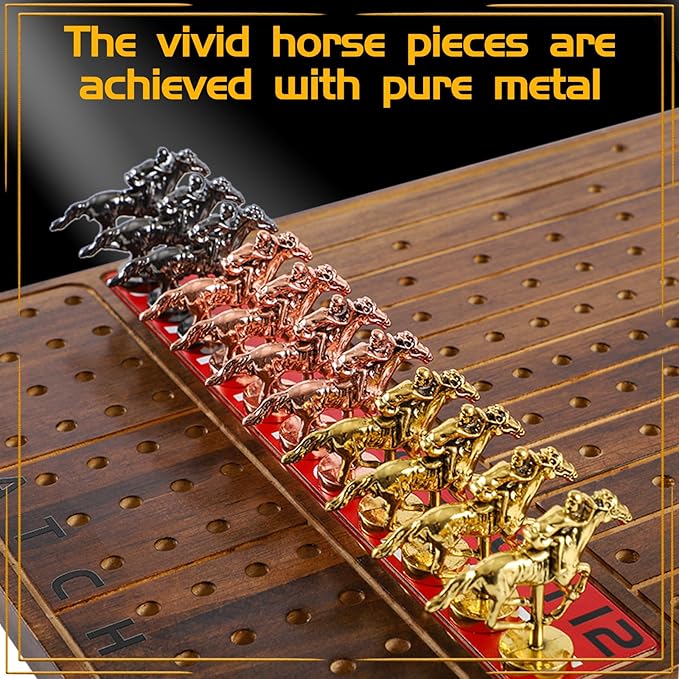 Horse Race Board Game Racing Game Thickened Solid Wood with 11 Luxurious Durable Classic Metal Horses with 2 Dice and 2 Boxes of Cards Horse Racing Game (Rustic Brown, Rectangle)