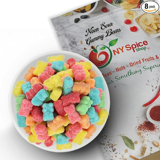 NY Spice Shop Neon Sour Gummy Bears Bulk - 8 Ounce Gummies Bears Candy - Sour Gummies Fruit Snacks - Chewy Super Sour Candy - Flavor Gummy Candies - Gummi Bear Gift For All Occasions