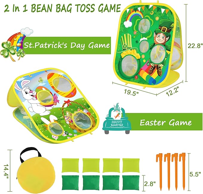 2 in 1 St Patricks Day Easter Bean Bag Toss Games for Kids, St Patricks Day Leprechaun Bunny Tossing Games Easter Gifts Party Favors for Kids Ages 4 8 Outdoor Yard Toys