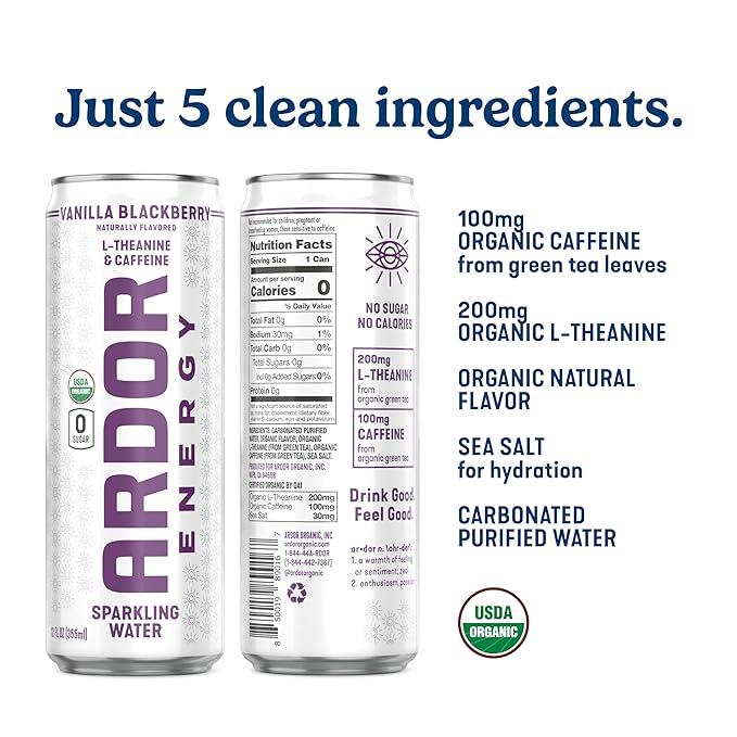 ARDOR ENERGY Sparkling Water with 100mg Natural Caffeine & 200mg L-Theanine from Organic Green Tea for Smooth Energy & Focus | Healthy Energy Drink | No Sugar, Zero Calories, Vegan, Gluten-Free | Vanilla Blackberry (Pack of 12, 12oz cans)