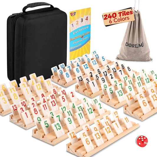Deluxe Rummy Cube Game Set 6-8 Players with 8 Wooden Racks & 240 Rummy Tiles | Travel & Family Board Game for Adults and Kids