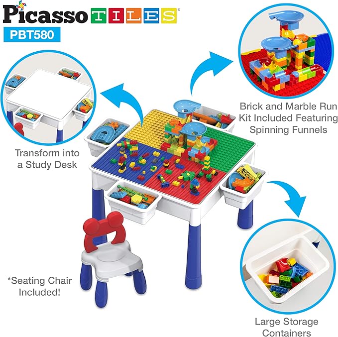 PicassoTiles Kids Multi Activity Table, Storage Bin & Chair Set Combo, 581 PCs Building Block with Marble Run Play Table Compatible with Building Bricks Blocks STEM Toy for Boys & Girls Ages 3+
