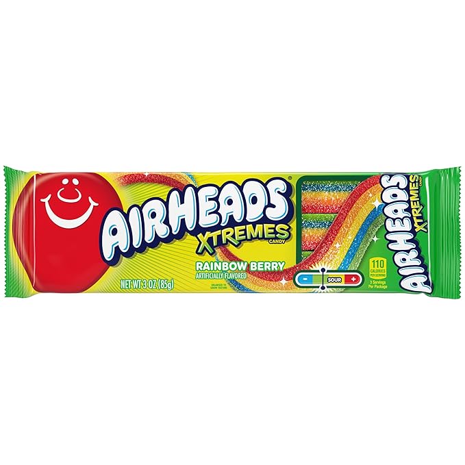 Airheads Xtremes Belts, Rainbow Berry Flavor, Sweetly Sour Candy, Non-Melting, Bulk Movie Theater and Party Bag, 3 Ounce (Pack of 12)