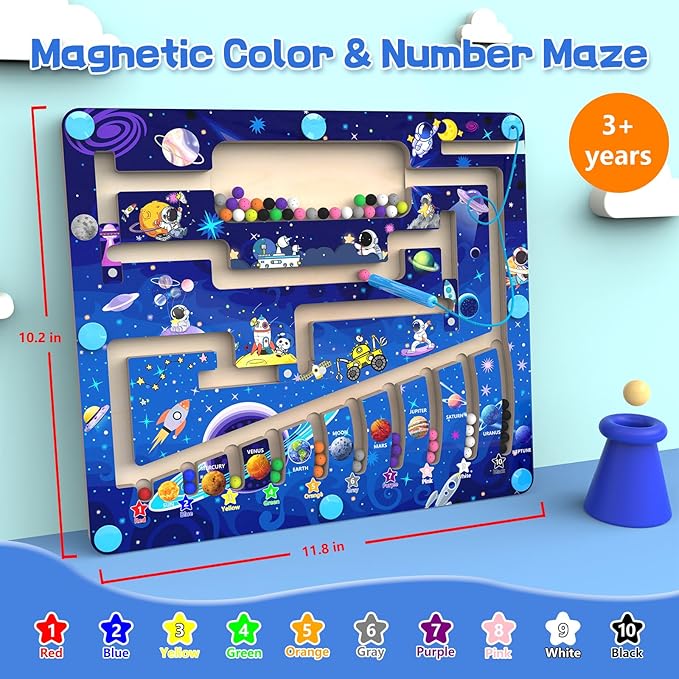 Magnetic Color and Number Maze - Montessori Toys for 3+ Year Old - Wooden Color Matching Learning Counting Puzzle Board -Toddler Activities Fine Motor Skills Toys for Boys Girls 3 4 5 Years Old