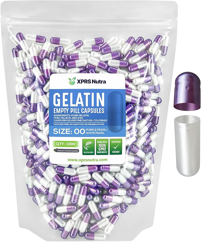 XPRS Nutra Size 00 Empty Capsules - 1000 Count Empty Gelatin Capsules - Pills DIY Capsule Filling - Fillable Pill Gel Caps for DIY Supplements (Pearl Purple/White)