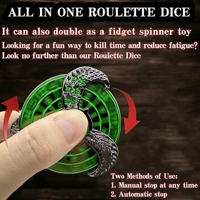 D&D Themed Fidget Spinner, dice Spinner, D4,D6, D8, D10, D12,D20,D% 7-in-1 Metal dice, Perfect for D&D Dungeons and Dragons, RPG and Pathfinder Role Playing Games (Green)