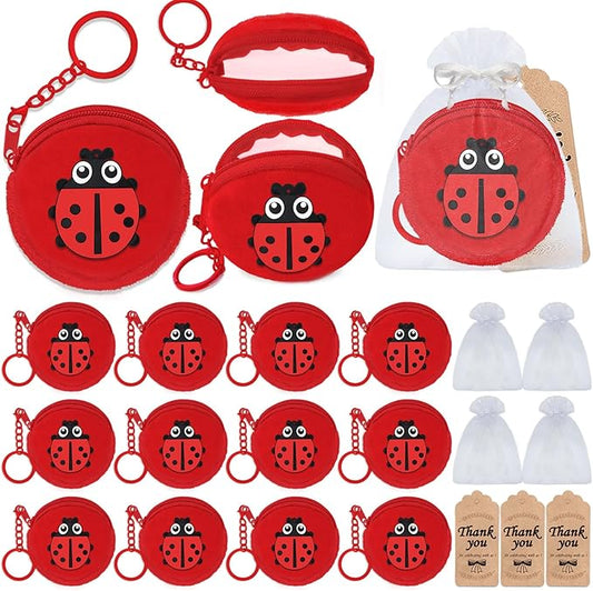 36 Pack Ladybug Change Purses Set Include 12 Ladybug Wallets with Keyrings, 12 Thank You Tags and 12 Organza Bags for Ladybug 1st Birthday Baby Shower Birthday Party Decoration,Red