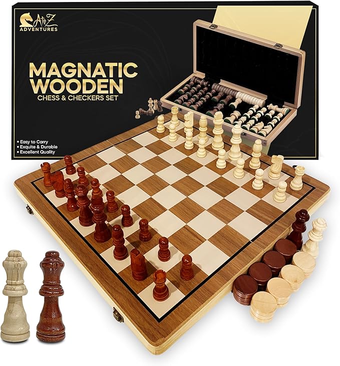 Magnetic Chess and Checkers Game Set - 15" (2 in 1) Folding Wooden Chess Sets for Adults & Kids with 2 Extra Queens | Travel Chess Board Game with Chess Pieces Storage Slots, Luxury Gift with Storage