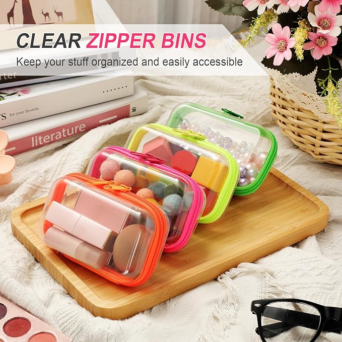 Hoolerry 4 Pcs Hard Clear Zipper Case Transparent Cases for Snacks Makeup Bag Plastic Storage Box Containers for Building Blocks, Puzzles, Cosmetics(Fluorescent,5 x 3 x 2 in)