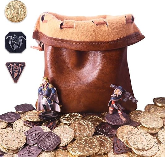 70PCS Metal DND Coins & PU Leather Bag, Contains 30 Gold, 20 Silver & 20 Copper Coins, Fantasy Board Game Tokens with Retro Leather Pouch