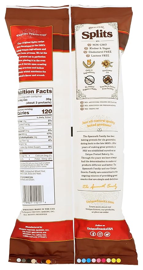 Unique Snacks Original Splits Pretzels, Delicious Homestyle Baked Snack Bag, OU Kosher, and Non-GMO Food, No Artificial Flavor, 11 Oz. Bag, Pack of 3