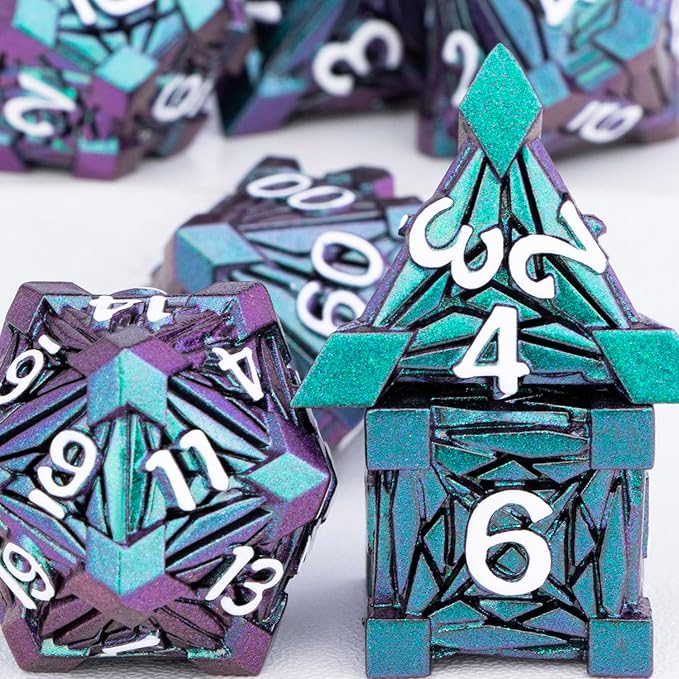 7PCS Metal DND Dice Set with Box, Debris RPG Green Purple D and D Dice for use with D&D Tabletop Games Role Playing Game Polyhedral Dice Set D20 D12 D10 D8 D6 D4