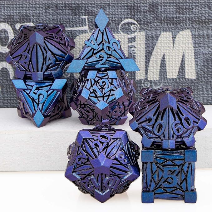 7PCS Metal DND Dice Set with Box, Debris RPG Blue Purple D and D Dice for use with D&D Tabletop Games Role Playing Game Polyhedral Dice Set D20 D12 D10 D8 D6 D4