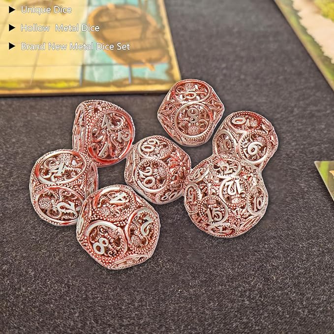 DND Dice,Hollow D&D Metal Dice,Unique Round Ball Design Octopus Dice with Gift Box for Dungeons & Dragon Gaming,7 PCs Steampunk Polyhedral D and D Dic (Octopus red)