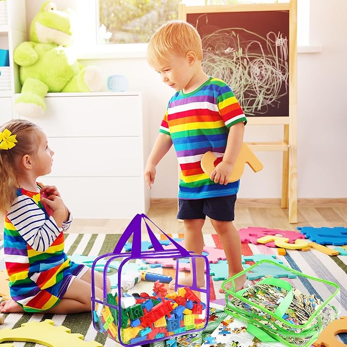 6 Colors Large Toy Storage Bags with Labels, Reusable Clear PVC Board Game Storage, Travel Waterproof Organizer Bags with Zipper for Building Blocks, Puzzle, Kids Books(3 large & 3 Extra Large)