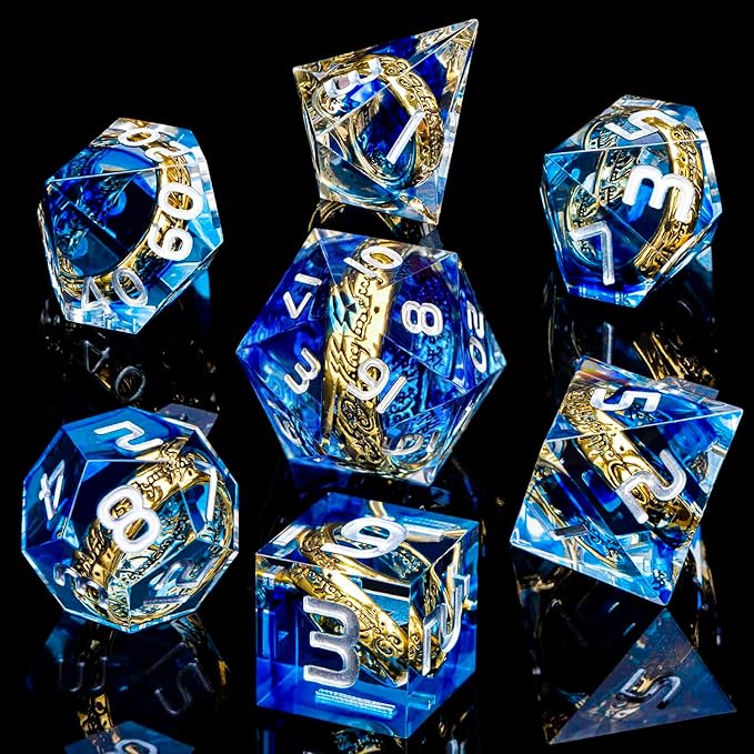Magic Golden Ring DND Dice Set with Dice Box, Blue Resin Sharp Edge D and D Dice for use with D&D Tabletop Games Handmade Lord Polyhedral Dice Set D20 D12 D10 D8 D6 D4
