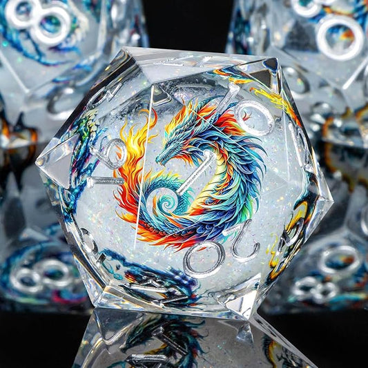 OUKELANWO Liquid Core Dragons Stickers DND Dice Set D&D, 7Pcs Dungeons D and D Role Playing Dice with Gift Box, Resin Sharp Edge Dice D20 D12 D10 D8 D6 D4, White