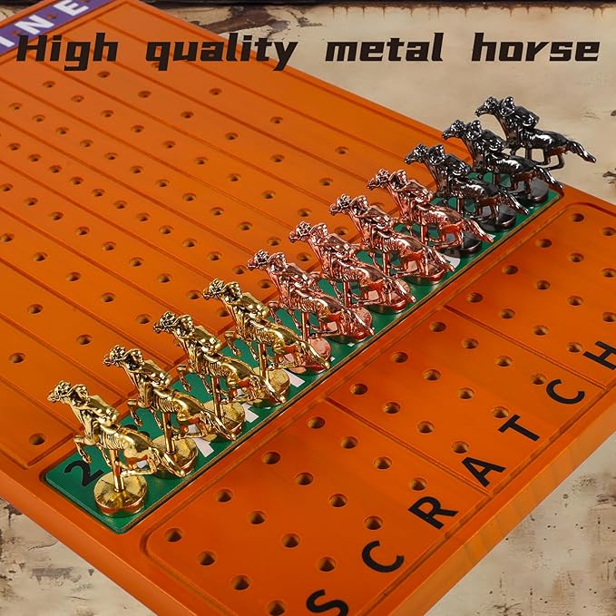 HOROW Horse Racing Board Game Solid Wood Horse Race Card and Dice Board Game Luxury Edition Set with 11 Metal Horses 2 Dices and 2 Boxes of Cards(Rectangle,Red Peach)…