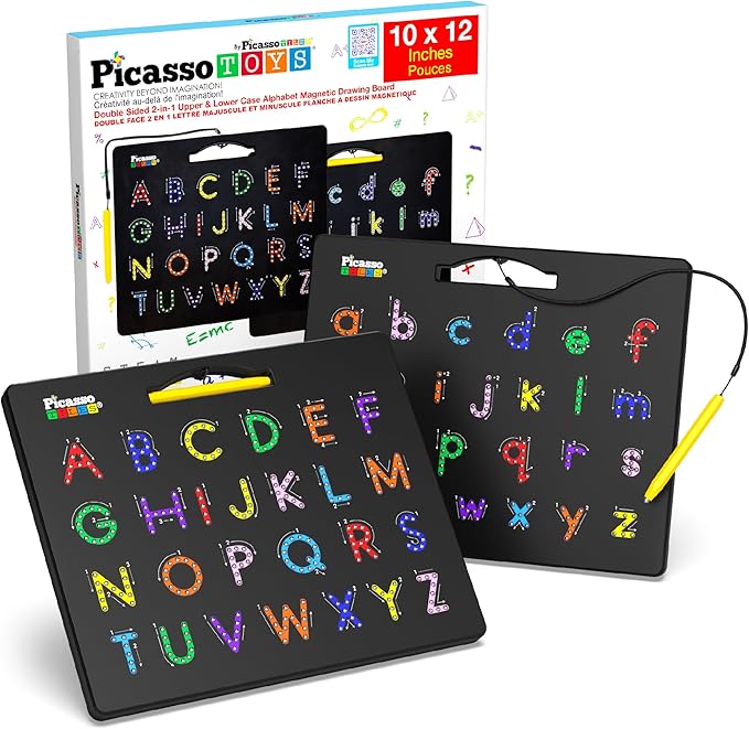 PicassoTiles 2-in-1 Magnetic Drawing Board Toy 12x10 inch Large Magnet Bead Tablet Pad with 2 Facings Alphabets STEM Educational Erasable & Reusable Learning Writing Playboard in Black PTB03