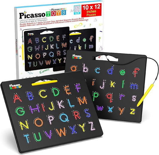 PicassoTiles 2-in-1 Magnetic Drawing Board Toy 12x10 inch Large Magnet Bead Tablet Pad with 2 Facings Alphabets STEM Educational Erasable & Reusable Learning Writing Playboard in Black PTB03