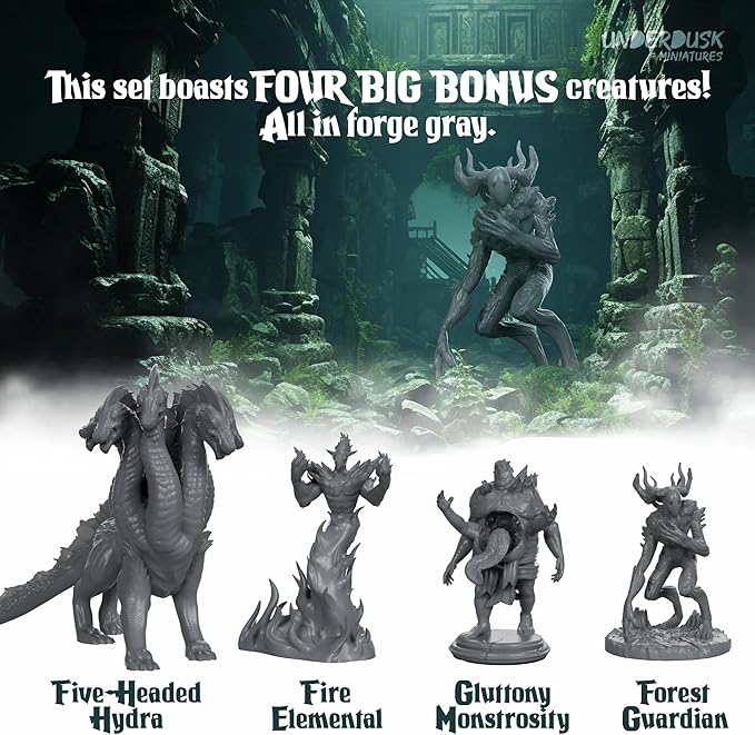Underdusk: Chaotic Encounters - 64 Unpainted Tabletop Miniatures for D&D, Pathfinder & RPGs | Monster Figures Starter Pack with Stat Blocks