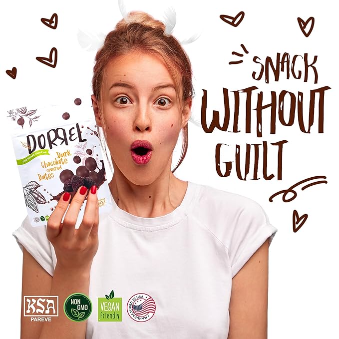 DORREL - Belgian Dark Chocolate Covered Medjool Dates, High Energy Vegan Choco Snack Delicious, Kosher & Non-GMO, Pack of 1 Chocolate Covered Dates, 7.05 oz / 200 g Ea