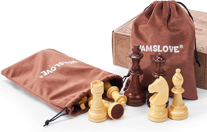 Vamslove Wooden Chess Pieces Large 4.5'' King Set of 32 Luxury Staunton Wood Chessmen for Chess Game Board (Chess Pieces Only), Velvet Storage Bags Included