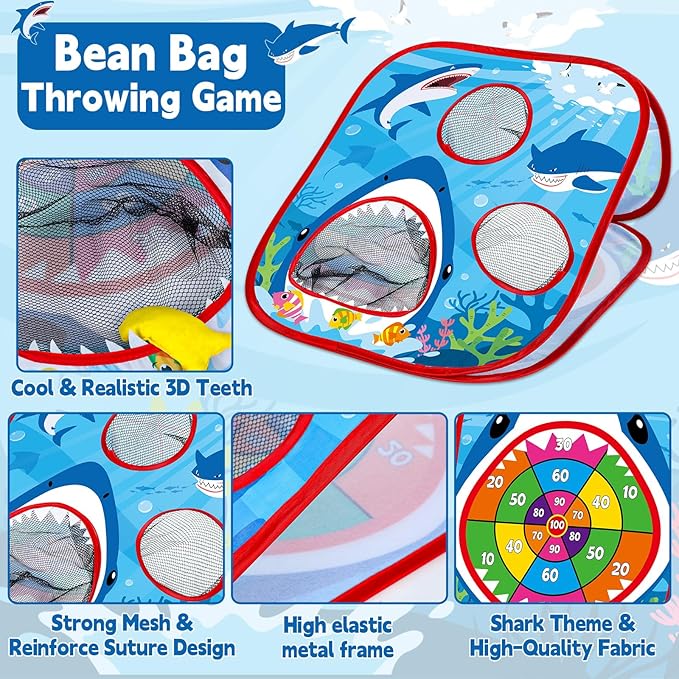 31PCS 4 in 1 Shark Bean Bag Toss Game for Kid Outdoor Ocean Toss Game with Shark Dorsal fin Foldable Cornhole for Party Supplies Board Toy for Toddler Tic Tac Toe Target Christmas