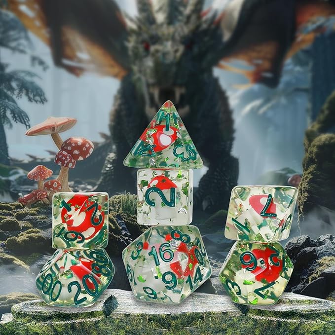 OriCraft Mushrooms Dice DND Dice Set with Poisonous Mushrooms Inside Dungeons and Dragons Polyhedral Role Playing Gaming Dices D20 Dice 7 Set Halloween Dices