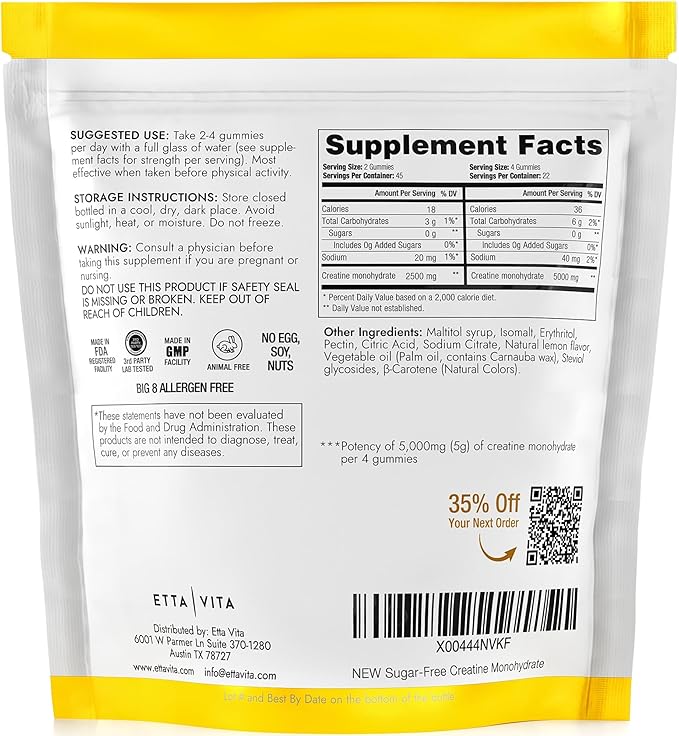 Sugar-Free Creatine Monohydrate Gummies 5gram per Serving, Potent Creatine Gummies for Men & Women, Supplement for Muscle Support, Cellular Energy & Cognitive Function, Gluten-Free