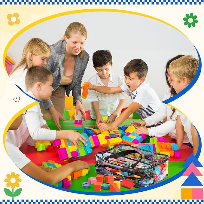 6 Pack Clear Toy Storage Bags with Zipper and Tags Reusable Waterproof Transparent PVC Toy Organizer Cases with Portable Handle for Building Blocks Puzzles Books(3 Large, 3 Medium)