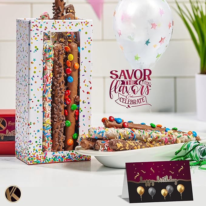 KREMERY Creamy Chocolate Cravings - Birthday Treats, Chocolate Covered Pretzel Rods Gift Basket, in Confetti Tower + Greeting Card (10 Pretzels, Assorted Sweet Toppings) Kosher Dairy, USA Made