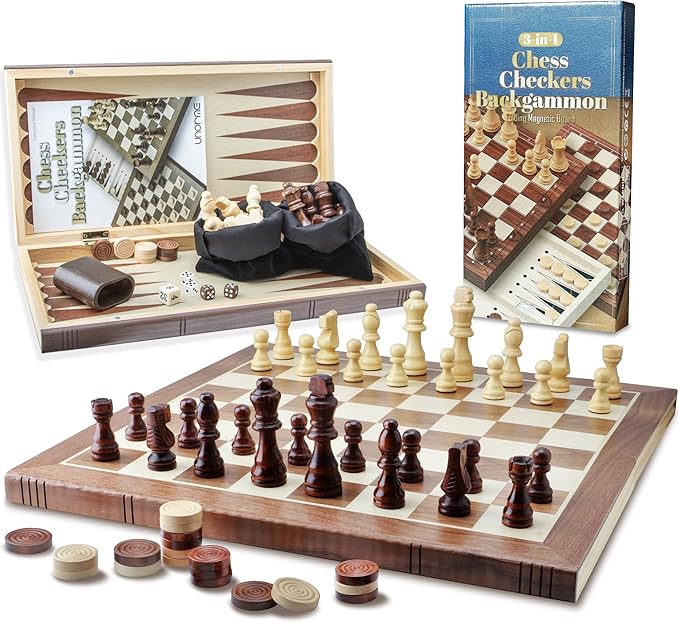 15.7 Inch Backgammon Sets, 3 in 1 Premium Wooden Game Sets,Including Checkers, Chess, and Backgammon for Adults and Kids