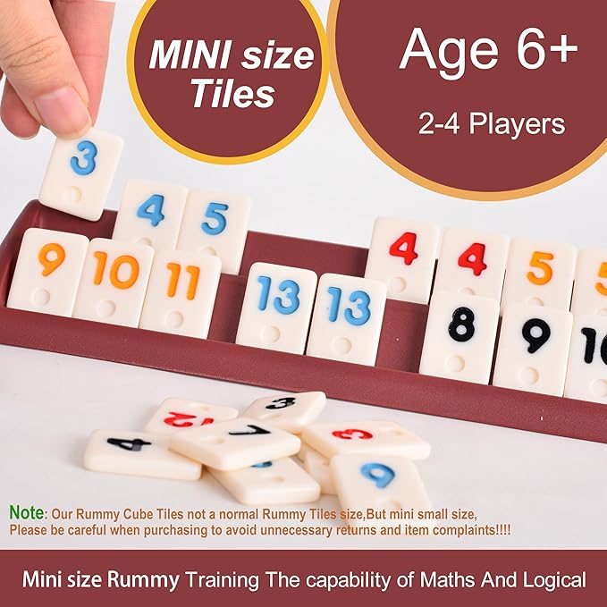 Smilejoy Mini Rummy Cube 4 Players Edition,Travel Rummy Game Set with Portable Canvas Bag,Classic Board Game for Adults and Kids |106 Tiles | 4 Playing Racks |1 Dice | (2-4 Player) 